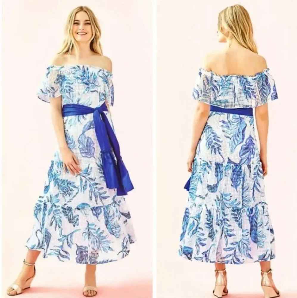 Nwt Lilly Pulitzer Sona White/Blue Floral Off Shoulder Tiered Mesh Midi Dress - Picture 13 of 17